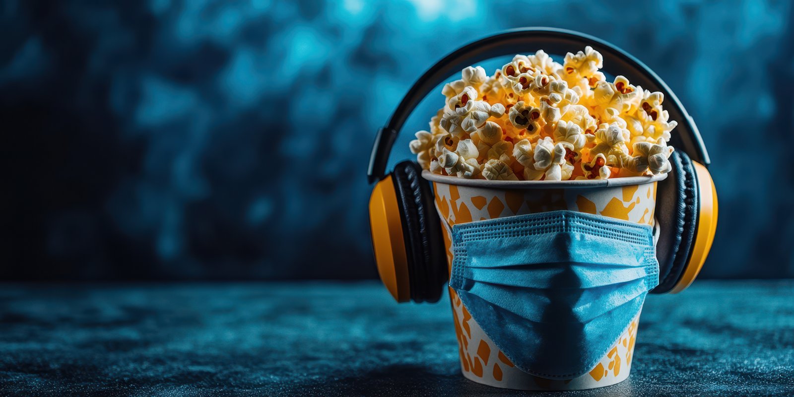Popcorn bucket with headphones and face mask on blue background during movie night